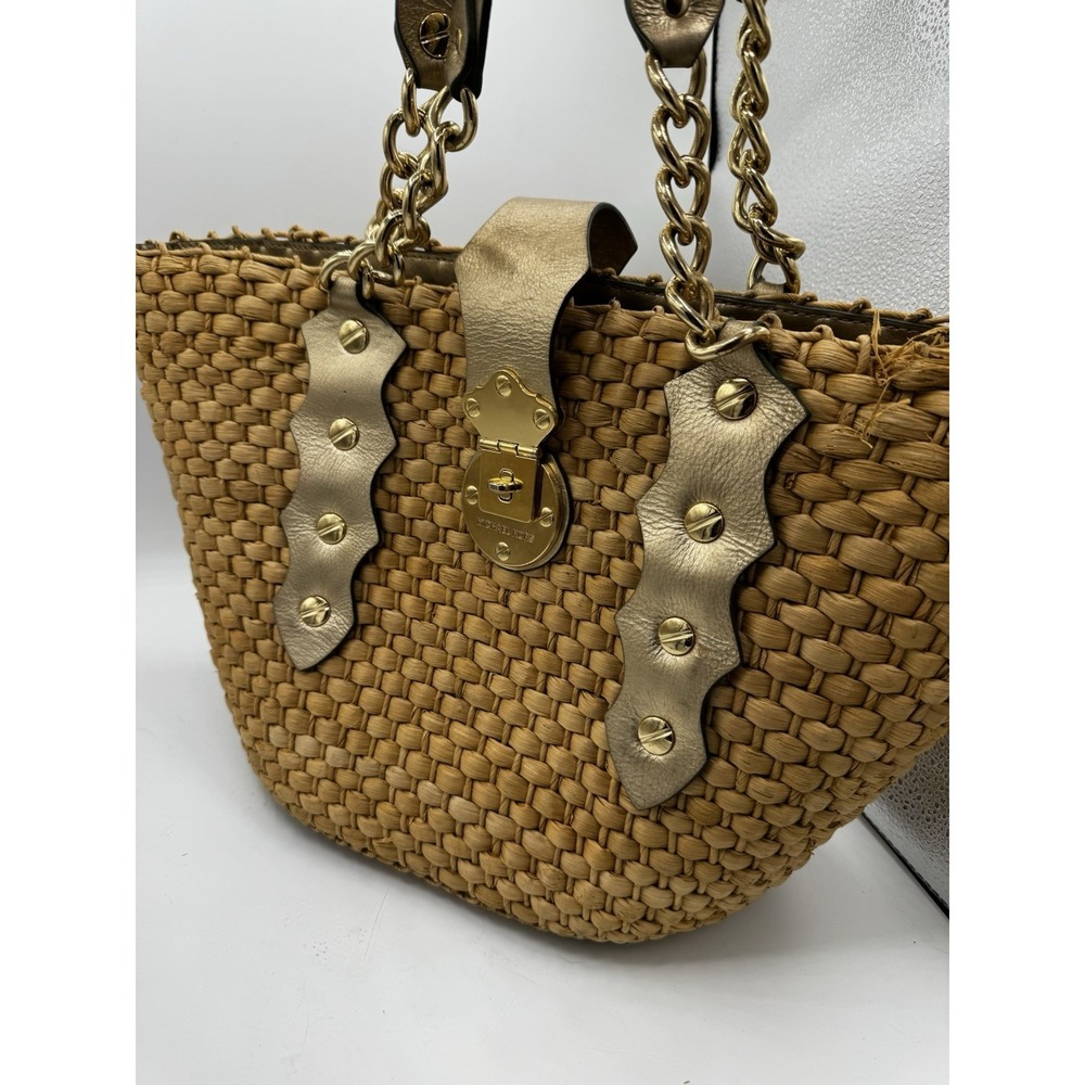 Michael Kors Woven Straw W Gold Metallic Santorini Tote Large Pleas See Pics PT3
